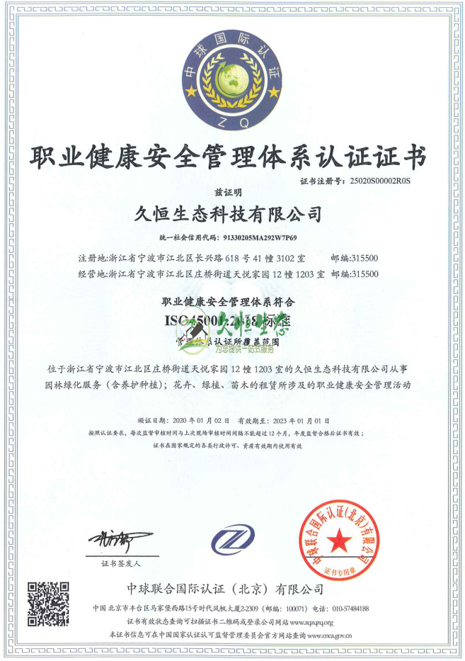 无锡江阴职业健康安全管理体系ISO45001证书